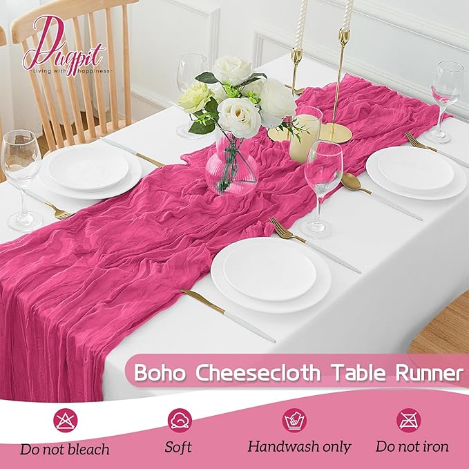 4Pack Hot Pink Cheesecloth Table Runner 10FT Gauze Hot Pink Cheese Cloth Table Runner 35x120Inch Long Boho Spring Easter Table Runners Rustic Sheer Table Runners for Wedding Baby Bridal Shower Decor