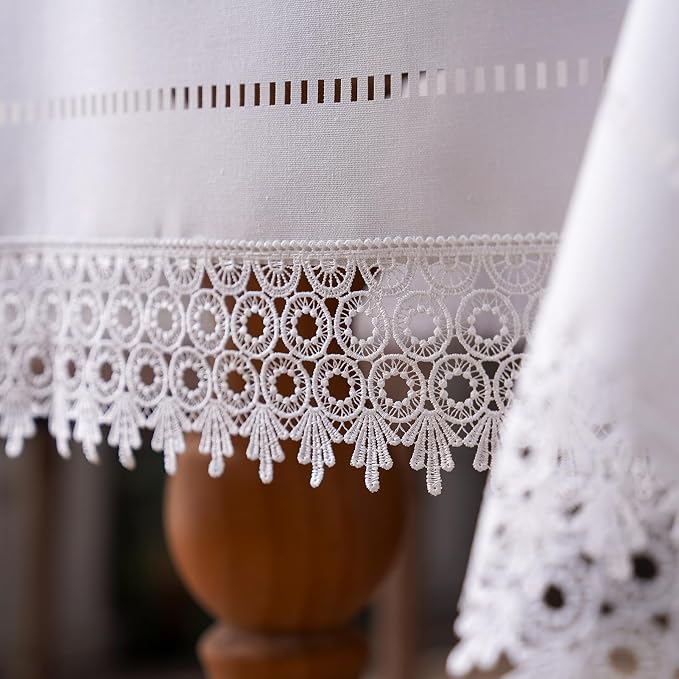 ARTABEL Cut Work Table Cloths with Lace Laser Die-Cut Exquisite Vintage Shabby Chic for Holiday Wedding Long Dinner Tables (Offwhite, 52 x 70 Inch)
