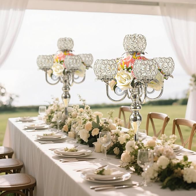 2Pcs Elegant 5-Arm Tea Light Crystal Candle Holder with Pendant Chain & Round Crystal Bowl - 22.5 Inch Tall Silver Wedding Table Centerpiece for Holiday Events, Parties & Home Decor