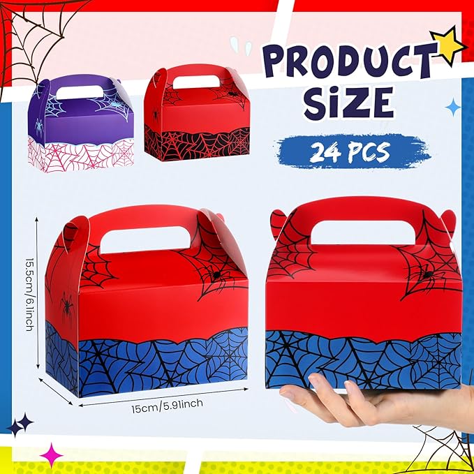 Marspark 24 Pack Spider Web Cartoon Birthday Party Supplies, Paper Gift Boxes, Cartoon Candy Treat Boxes for Birthday Party Decorations(3 Color Spider Pattern)