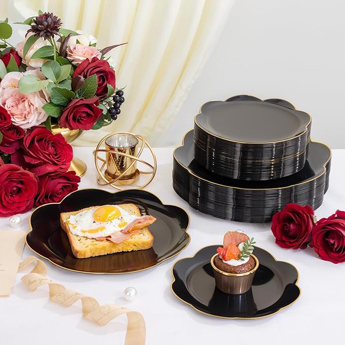 60pcs Black Disposable Plates with Gold Rim Heavy Duty Scalloped Plastic Birthday Plates Wedding Disposable Dinnerware Includes: 30 Dinner and 30 Dessert Plate,Perfect for Party Ceremony and Camping