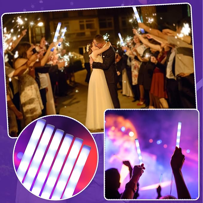 Cunno 50 White LED Foam Stick Bulk 16 Inch 3 Modes Light up Glow in The Dark Light Sticks Flashing Glow Wands for Wedding Birthday Rave Concert Carnival Multi Item Party Favor Packs, Battery Powered