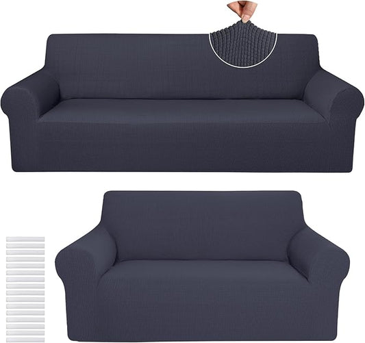 Peryiter 2 Pcs Sofa Covers Couch and Loveseat Covers Set Stretch Sofa Slipcover for Living Room Armchair Furniture Protector, Wrinkle Proof(Dark Gray,Jacquard)