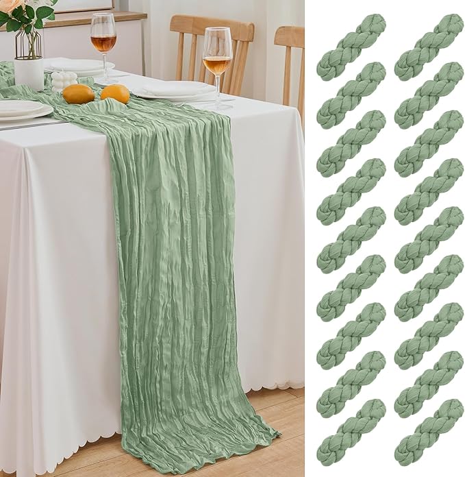 18 Pack Sage Green Cheesecloth Table Runner 21.5x120 Inch, Semi Sheer Boho Gauze Cheese Cloth Fabric Table Runners 10 FT Long for Wedding Party Baby Shower Birthday Home Decor