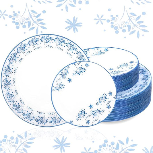 60 PCS Blue Floral Plastic Plates - White and Blue Disposable Decorative Plates Set Include 30 Dinner Plate, 30 Dessert Plate for Wedding & Party & Spring