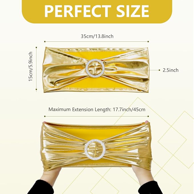 SquarePie 100 PCS Metallic Gold Spandex Chair Sashes - Shiny Stretch Bows with Buckle Slider - No-Tie Universal Elastic Chair Bands for Wedding Reception Party Banquet Event