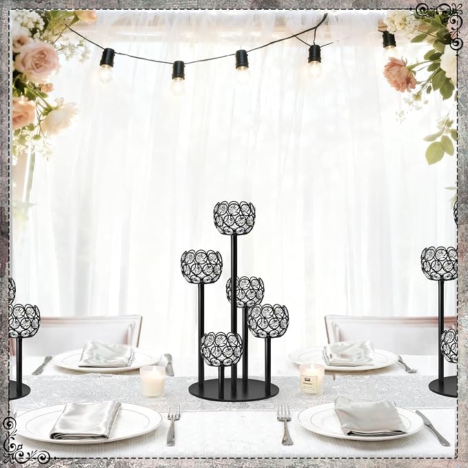 5-Arm Crystal Tealight Candelabra Centerpiece, 14.8 Inch Metal Candle Holder for Table Decor, Wedding, Christmas, Party, Anniversary & Home Decoration (4, Black, S-14.8 in)