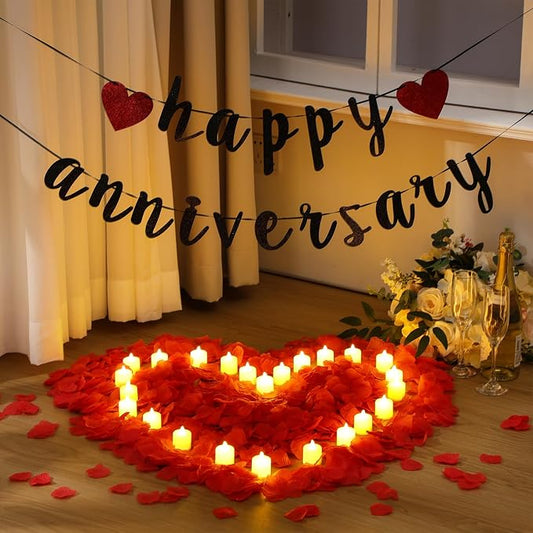 Retisee Red Anniversary Decorations Happy Anniversary Banner Sign Romantic Feliz Aniversario Party Decoration Glitter Banner with 24pcs LED Candles 2000pcs Rose Petals for Home Party Night Wedding