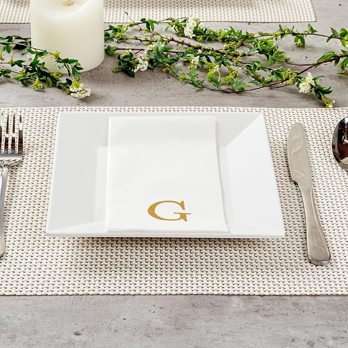 Luxenap 15.8 X 7.9 Inch Linen-Feel Guest Towels, 2000 Lettered Hand Towels - Gold Letter 'G', Sans Serif Font, White Paper Dinner Napkins, airlaid, For Restrooms And Tables - Restaurantware