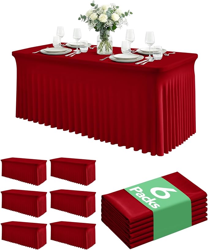 6 Pack Spandex Table Cover Skirts for 6ft Rectangle Tables, Red Stretch Table Cloths with Floor-Length Ruffle, Elastic Fitted Skirted Tablecloth for Elegant Wedding Banquet Party Buffet Decoration