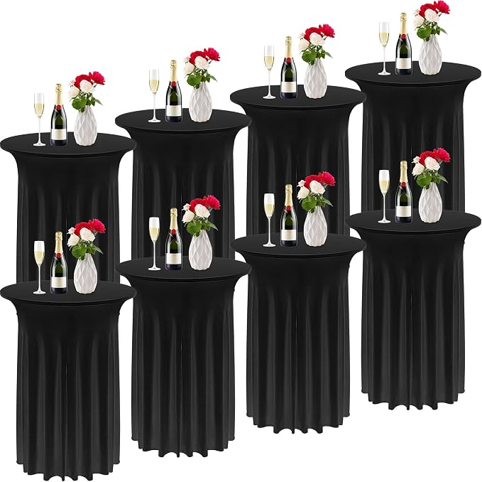 Kochorie 8 Pieces Cocktail Table Skirt Round Cocktail Table Covers 32 x 43 Inch Spandex Stretch High Top Table Cloth for Wedding Table Bar Banquet Party Supplies (Black)