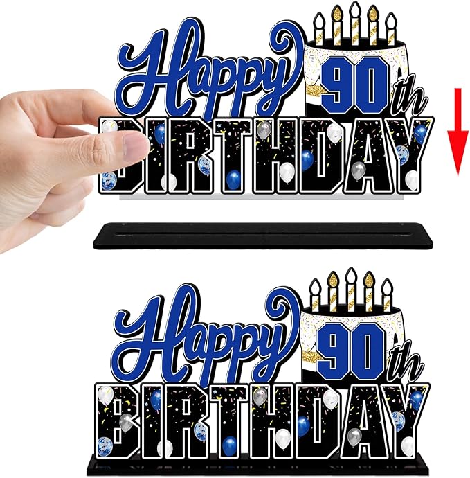 LINGTEER Happy 90th Birthday Blue Acrylic Table Topper Centerpieces Set - Cheers to Ninety Years Old Birthday 90th Bday Party Gift Decorations.