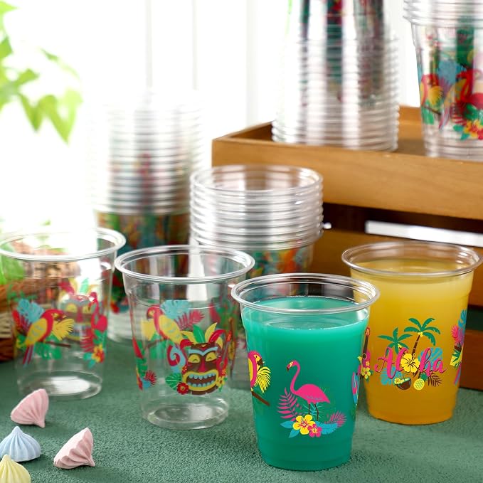 FoldTier 50 Pcs Summer Hawaiian Cups 12 oz Plastic Tropical Luau Glasses Clear Tiki Beach Disposable Glasses Flamingo Drinking Cups for Home Kitchen Summer Tiki Theme Party Favors Supplies Decoration