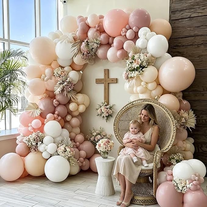 Dusty Pink White Balloon Garland Double Stuffed Baby Pink Nude Beige Balloons Cream Balloon Arch Kit for Boho Baby Shower Birthday Christening Bridal Wedding Mother's Day Party Decorations
