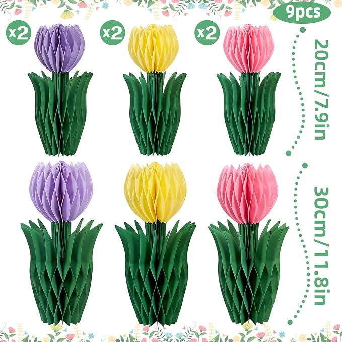 SUNBEAUTY Flower Honeycomb Decor Tulips Table Centerpieces Spring Decoration for Home Office Paper Flower Tulip Honeycomb Decor for Garden Party Mothers Day Decoration Easter Party Birthday Tea Party