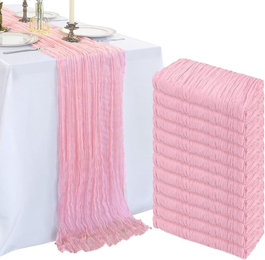 12 Pack 10FT Pink Cheesecloth Table Runner 120 Inch Long Gauze Rustic Boho Spring Cheese Cloth Table Runner Sheer Fabric Decorations for Holiday Party Wedding Banquet Bridal Baby Shower Décor