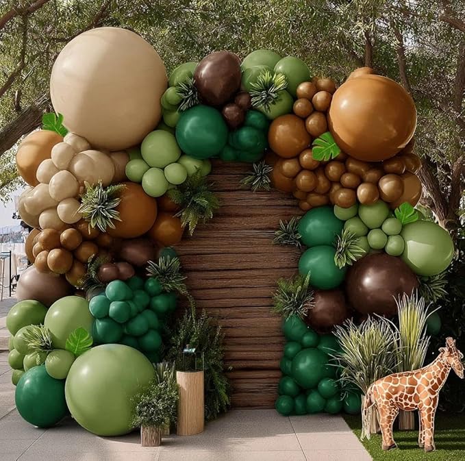 Dark Green Brown Balloon Arch Kit Double Stuffed Sage Green Nude Tan Apricot Balloon Garland with Palm Leaves for Baby Shower Safari Dinosaur Birthday Party Decoration