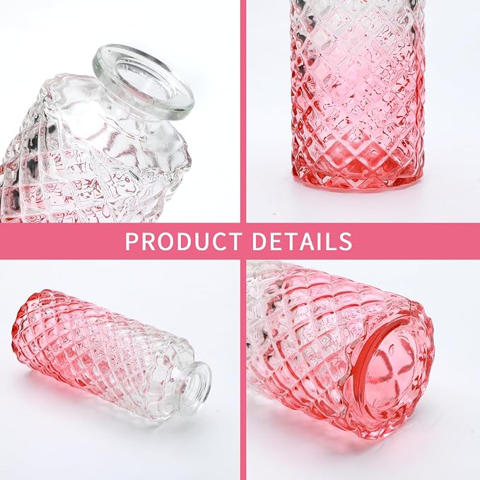 Pink Small Flower Vase Set, Glass Bud Vase in Bulk Set of 8,Artistic and Cultural Flavor Mini Vases for Home Office Decor, Bedroom, Office, Living Room Decorations,Wedding