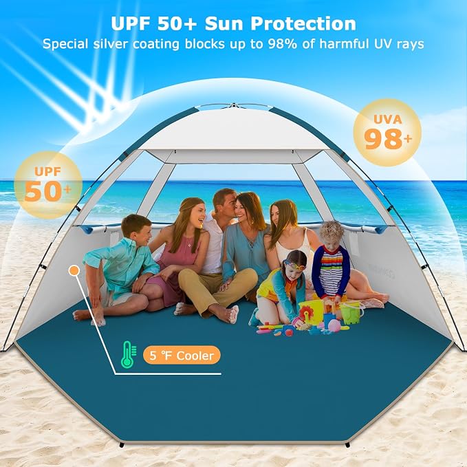 COMMOUDS Beach Tent Sun Shelter for 3/4/6/8 Person, UPF 50+ UV Protection Beach Shade Canopy Tent, Lightweight, Easy Set Up and Carry