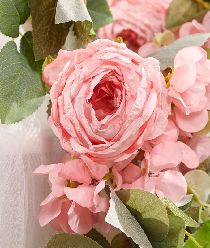 PONKING Flower Garland Artificial Rose & Hydrangea Vine Hanging Fake Flowers Vines for Wedding Birthday Party Valentines Christmas Room Wall Arch Decor, 1 Rose & 1 Hydrangea Light Pink Floral Garland