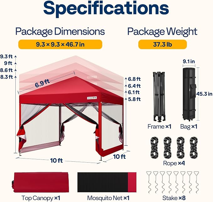 VIVOHOME 10x10ft Easy Pop-Up Canopy, Outdoor Screen Tent with Mosquito Netting, 2 Zipper Doors, and Roller Bag for Yard Camping Picnic Party Events, Red