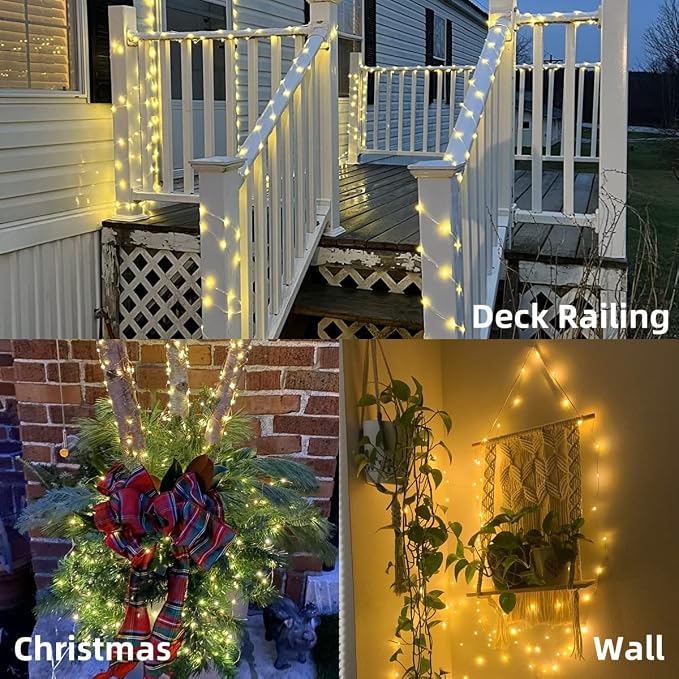 YEGUO 4 Pack Warm White Solar Fairy Lights, Each 33ft 100 LED Christmas Lights Outdoor Waterproof, 8 Modes Sliver Wire Solar String Lights