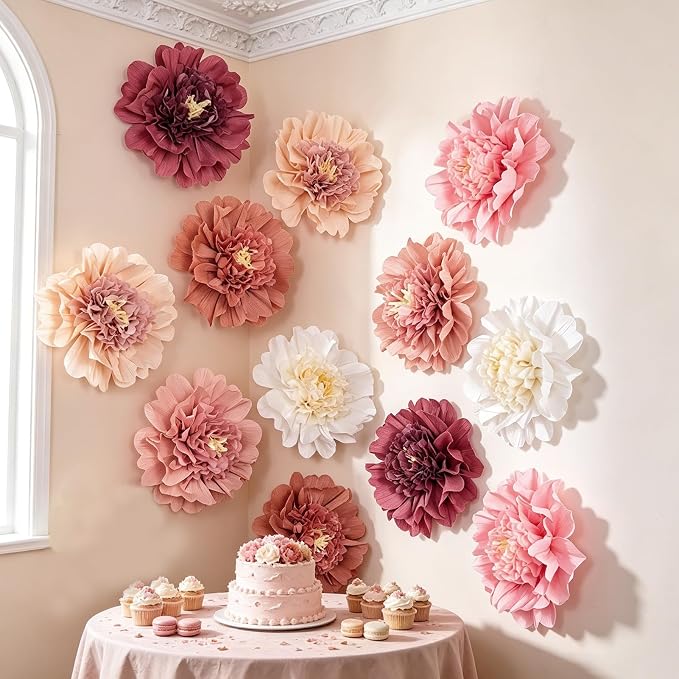 12Pcs Boho Large Paper Flowers 12'' Giant Paper Flower Decorations for Wall