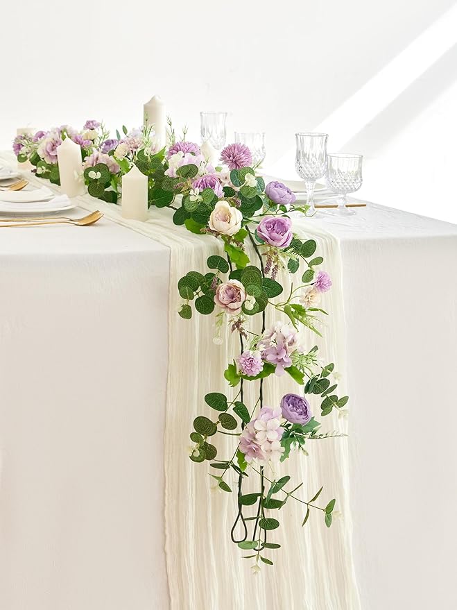 MISSPIN 5.9Ft Eucalyptus Garland with Flowers, Artificial Fake Flower Greenery Spring Garland for Baby Shower Wedding Mantle Table Centerpiece Spring Decor