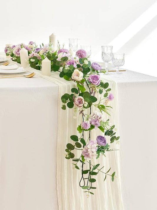 MISSPIN 5.9Ft Eucalyptus Garland with Flowers, Artificial Fake Flower Greenery Spring Garland for Baby Shower Wedding Mantle Table Centerpiece Spring Decor