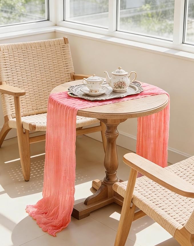Coral Cheesecloth Table Runner 21x120 Inch Gauze Table Runners Reusable Polyester 10ft Boho Rustic Cheese Cloth Table Runner for Wedding Party Baby Shower Birthday