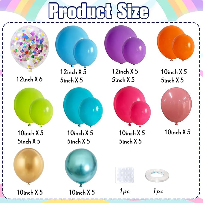 Multicolor Summer Balloon Arch Kit, Assorted Color Blue Purple Orange Green Pink Gold Birght Rainbow Balloon Garland, Colorful Neon Balloons for Kids Hawaiian Tropical Pool Birthday Party Decorations