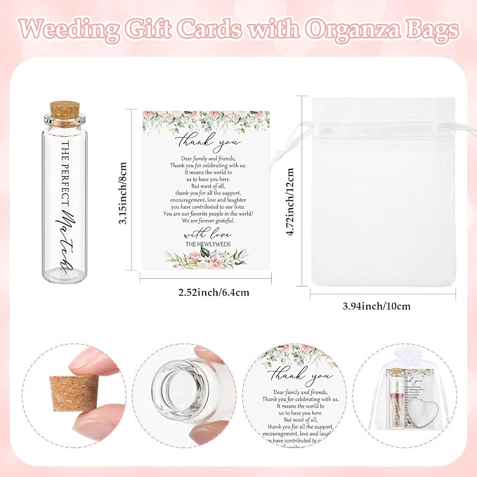 50 Sets Wedding Party Favors for Guests Bulk Including Heart Shaped Candles and Empty Matches Jars with Cork Top Thank You Cards and Organza Bags for Wedding Bridal Shower Party (Flower)