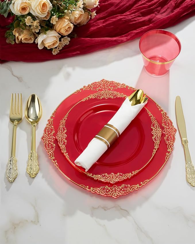 Goodluck 350 Piece Red Dinnerware Set for 50 Guests, Fancy Disposable Plates, Include: 100 Gold Rim Plastic Plates, 150 Silverwares, 50 Pre Rolled Napkins, 50 Cups for Party, Wedding