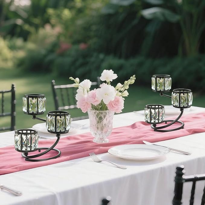 Metal 3 Arm Crystal Candle Holder - Tea Light Centerpiece Candle Holder, Votive Holder with Sparkling Crystal Bowl, Suitable for Wedding, Table Centerpiece, Home Decor (2, 3 arm-Black)