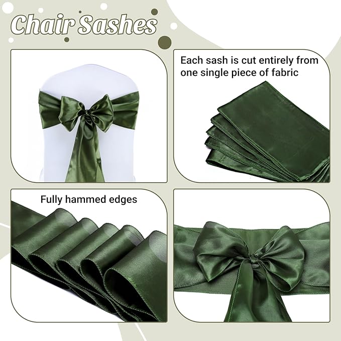 MDS Satin Chair Sashes, 150 Pack, 7”x108” Each, Decorative Chair Bows Ribbon Tie Backs for Wedding Party, Holiday Dinner, Birthday, Reception, Banquet, Hotel & Event Decoration - Olive Green