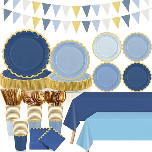 Mimorou 342 Pcs Dusty Blue Party Supplies Blue Tableware for 48 Guests Paper Disposable Plates Napkins Cups Plastic Tablecloth Navy Triangle Banner for Wedding Graduation Birthday