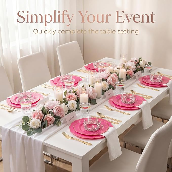 NOCCUR 175PCS Hot Pink Plastic Plates with Gold Disposable Silverware - Include 50 Hot Pink Plates,25 Knives,25 Forks,25 Spoons,25 Cups and 25 Napkins - Ideal for Party/Mother's Day