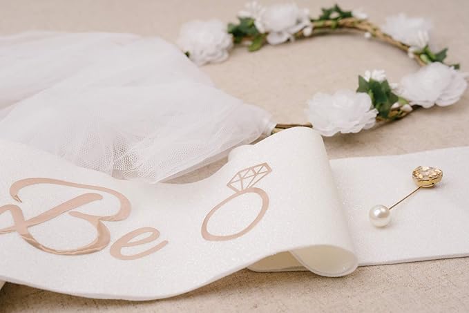 PapaKit Premium Bride to Be Party Sash, Floral Veil & Jewelry Pin Set, Glitter Sparkling Pearl White | Bachelorette Bridal Shower Engagement Wedding Party Favor Gift Decoration Supply