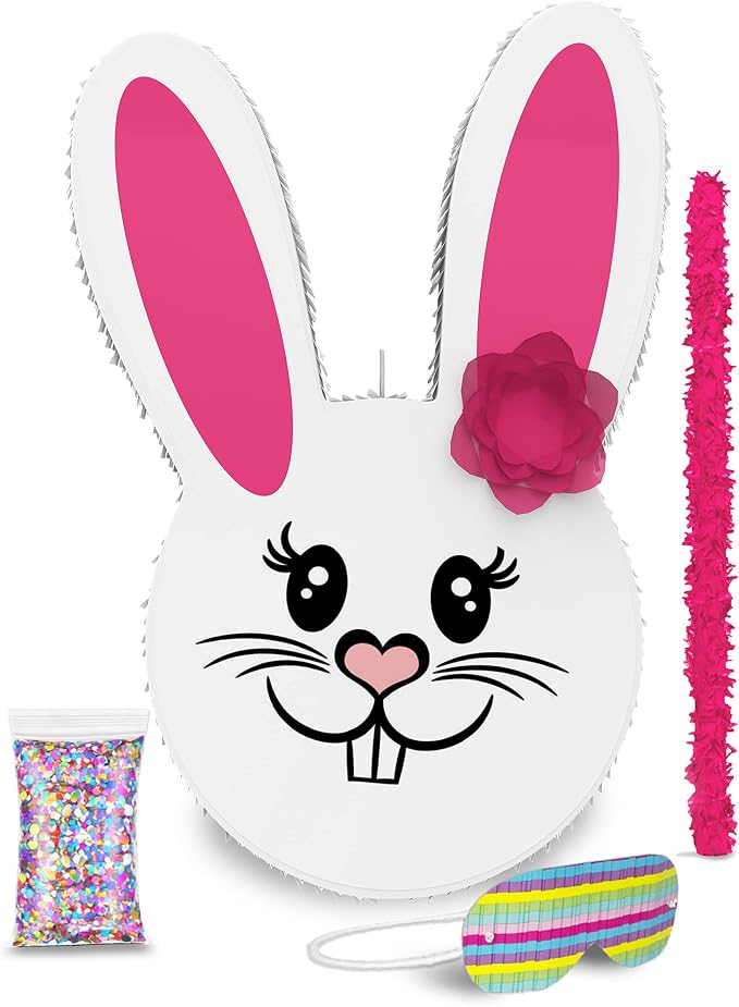 Jergrim Girl Easter Bunny Piñata Bundle 17”x11”x 3” with stick, blindfold and a small confetti bag Perfect for Easter Sunday Celebration, Bunny Theme Parties, Party Décor