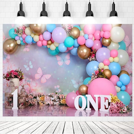 First Birthday Backdrop for Girl - Baby Girl 1st Birthday Cake Smash Decorations Photo Backdrop for 1 Year Old Baby Shower Photo Shoot Props,Vinyl,5x3ft