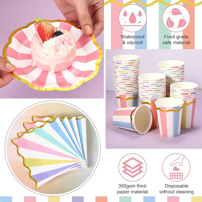 Yungyan 216 Pcs 72 Guests Pastel Paper Plates and Napkins 9 oz Party Cups 6" Scalloped Pastel Dessert Plates Colorful Stripe Disposable Tableware Set for Birthday Ice Cream Carnival Party Supplies