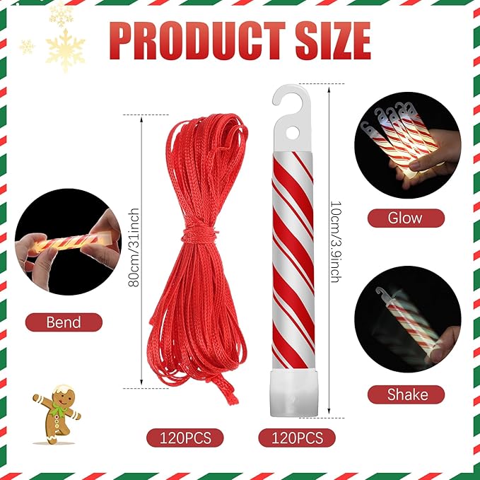 Wettarn 120 Pcs 4" Christmas Glow Sticks Light up Sticks Bright Candy Cane Light Stick Bulk Christmas Adults Camping Hiking Activities Blackout Storm Emergency(Red White)