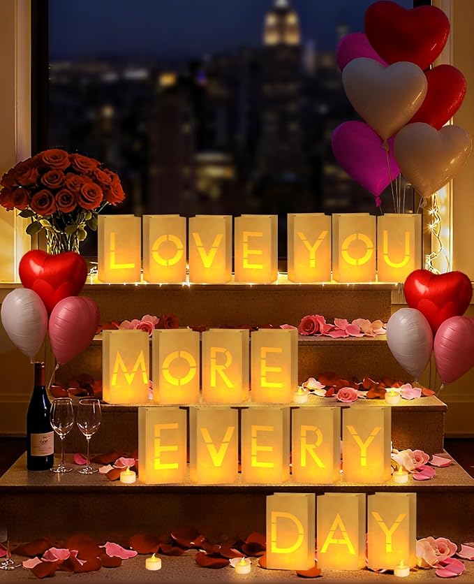 AceList Romantic Anniversary Decorations Set - Love You More Every Day 19 Pcs Luminary Bags with 40 LED Tea Lights, 2000 Rose Petals & 6 Heart Balloons - Light Up Letters Kit for Proposal