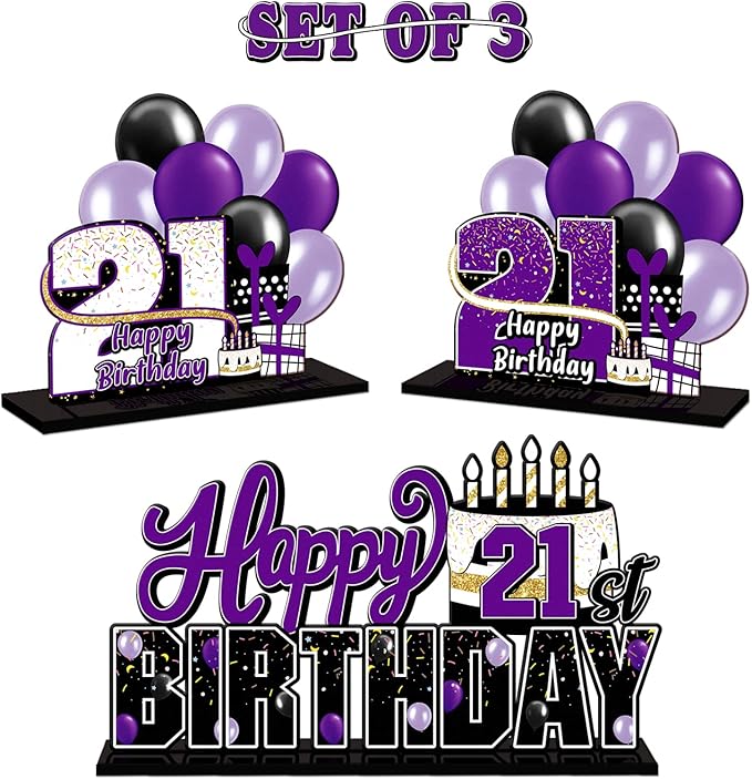LINGTEER Happy 21st Birthday Purple Acrylic Table Topper Centerpieces Set - Cheers to 21 Years Old Birthday 21st Bday Party Gift Decorations.