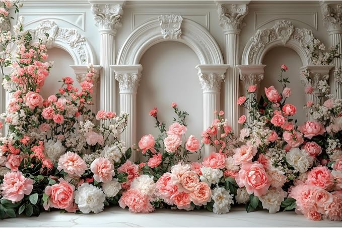 YongFoto Opulent European Archway Wall 5x3ft Blooming Rose Flower Elegant Romantic Retro Photography Background Birthday Bridal Shower Wedding Party Banner Portrait Photoshoot Wallpaper Photo Booth