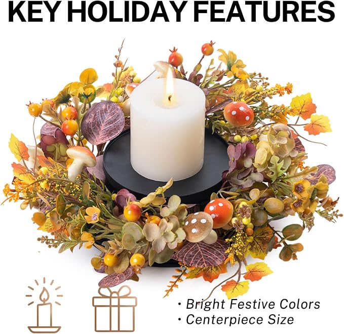 MOYEE Autumn Centerpieces for Tables Candle Ring, Black Metal Candlestick with an Artificial Wreaths 14 in Versatile Dining Table Centerpiece Decor (Mushroom and Daisy Wreath)