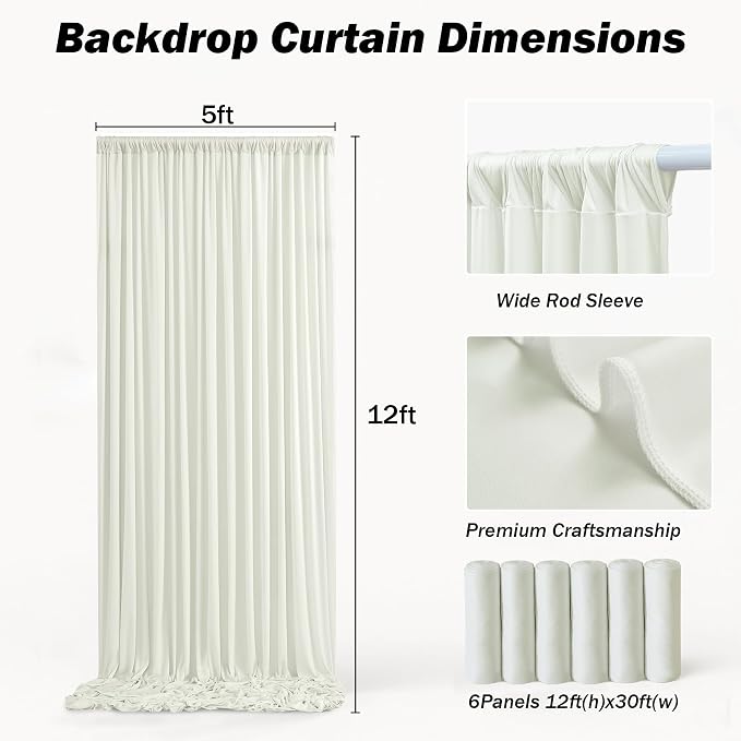 30ft×12ft Ivory Backdrop Curtain for Wedding Parties, 6 Panels Wrinkle Free Polyester Photo Backdrop Drapes Back Drop Cloth for Birthday Photography Background