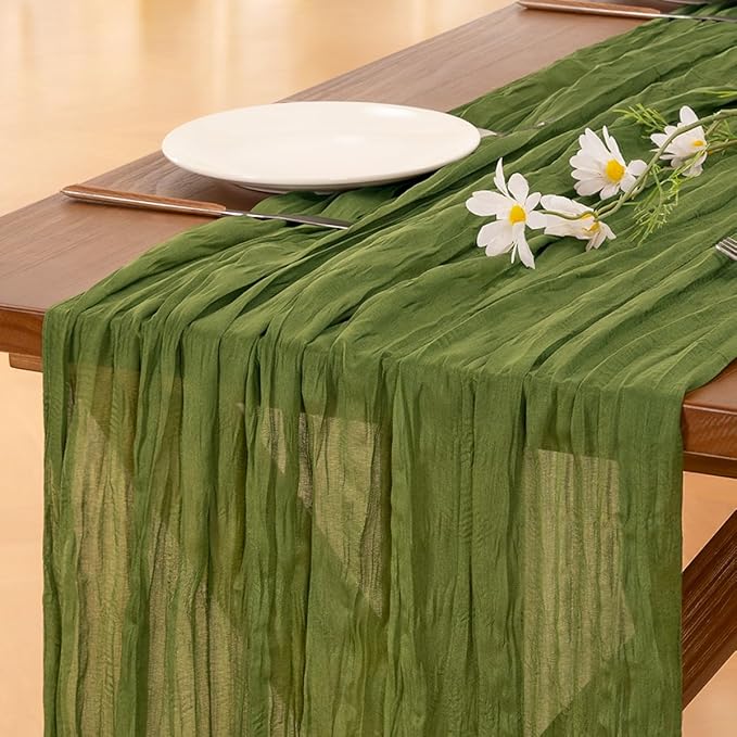 Socomi 3pcs Campsite Green Summer Cheesecloth Table Runner Boho Rustic Gauze 120 inch 10FT Cheese Cloth Sheer Runner for Wedding Party Baby Shower Birthday Home Decor Holiday Decorations