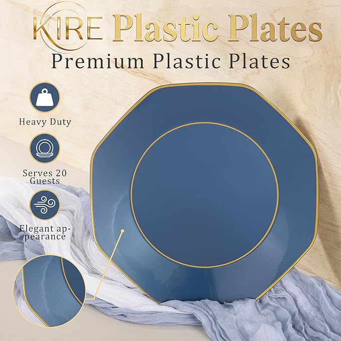 KIRE 140Pcs Blue Plastic Plates with Gold Rim - Gold Disposable Plastic Silverware with Blue Handle&Clear Cups&Hand Napkin - Geometric Party Plates for Passover/Party/Graduation