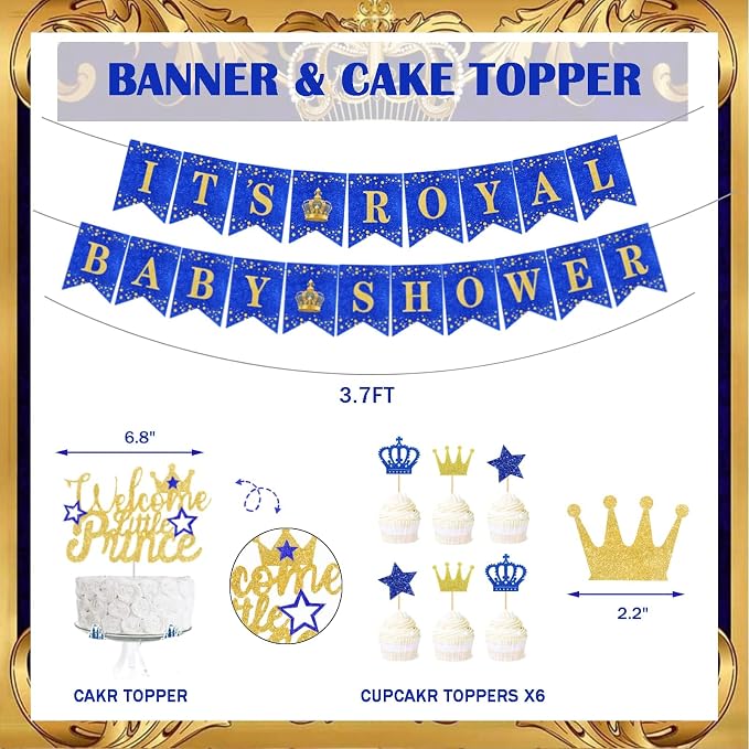 122 PCs Royal Prince Baby Shower Decorations for Boy, Fiesec A Little Prince Is On The Way Its Royal Baby Shower Backdrop Balloon Garland Banner Cake Cupcake Topper Crown Star Blue White Gold